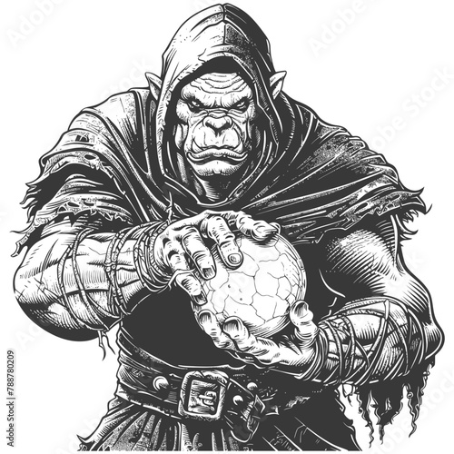 orc mage with magical orb full body images using Old engraving style