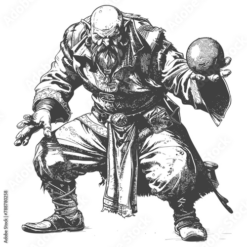 orc mage with magical orb full body images using Old engraving style