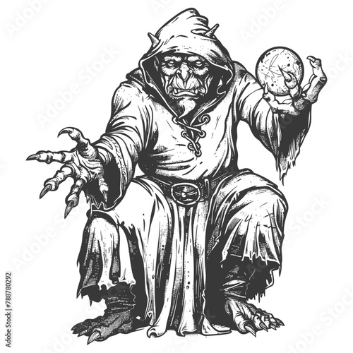 orc mage with magical orb full body images using Old engraving style