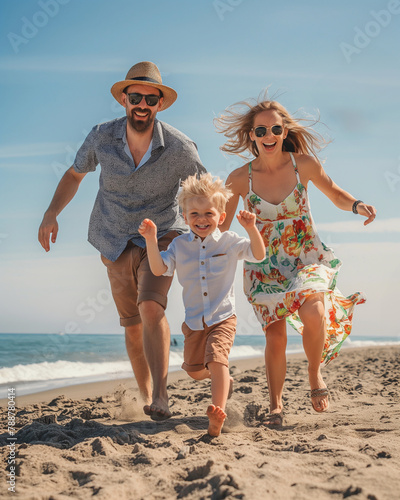Happy family portrait  enjoying beach time