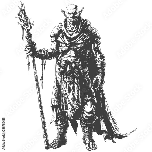 orc mage with magical staff full body images using Old engraving style