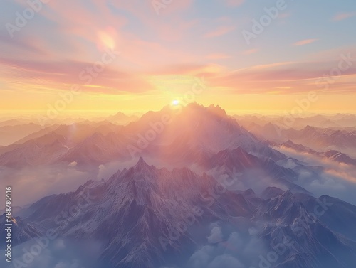 The sun is setting behind a mountain range, casting a warm glow over the snow-covered peaks. The sky is filled with clouds, creating a serene and peaceful atmosphere