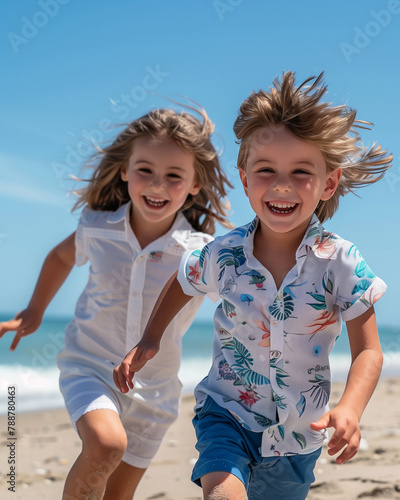 Happy kids enjoying beach time photo