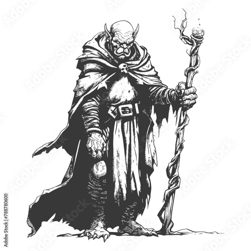 orc mage with magical staff full body images using Old engraving style