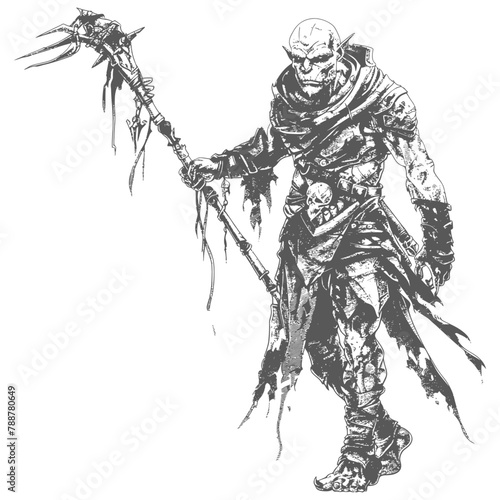 orc mage with magical staff full body images using Old engraving style