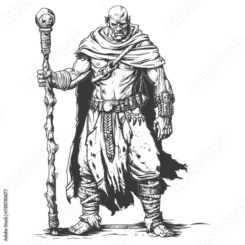 orc mage with magical staff full body images using Old engraving style
