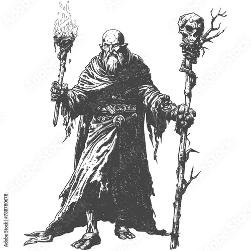 orc mage with magical staff full body images using Old engraving style