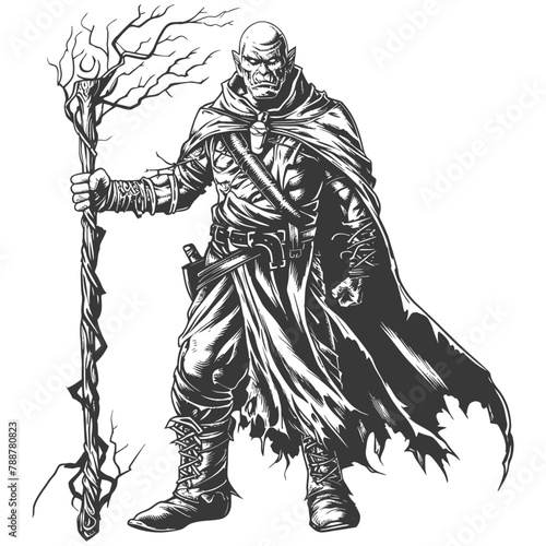 orc mage with magical staff full body images using Old engraving style