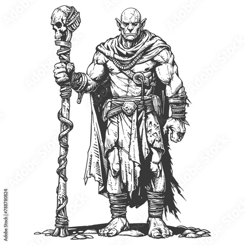 orc mage with magical staff full body images using Old engraving style