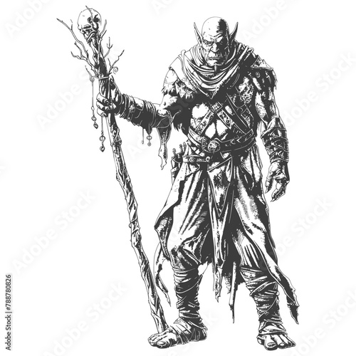 orc mage with magical staff full body images using Old engraving style