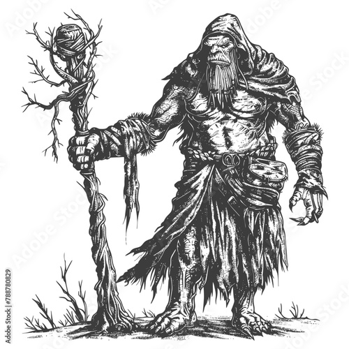 orc mage with magical staff full body images using Old engraving style