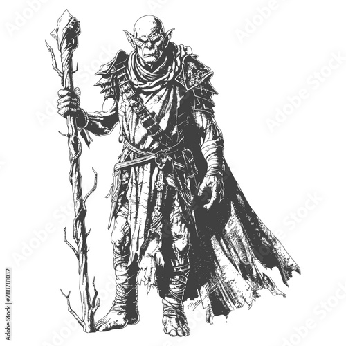 orc mage with magical staff full body images using Old engraving style