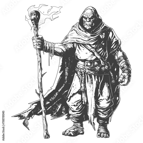 orc mage with magical staff full body images using Old engraving style