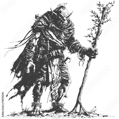 orc mage with magical staff full body images using Old engraving style