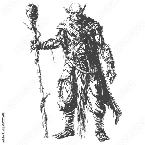 orc mage with magical staff full body images using Old engraving style