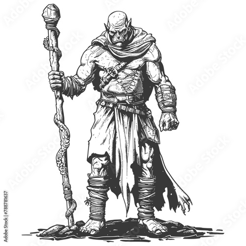orc mage with magical staff full body images using Old engraving style