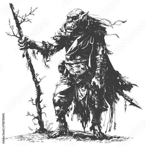 orc mage with magical staff full body images using Old engraving style