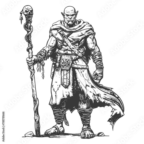 orc mage with magical staff full body images using Old engraving style