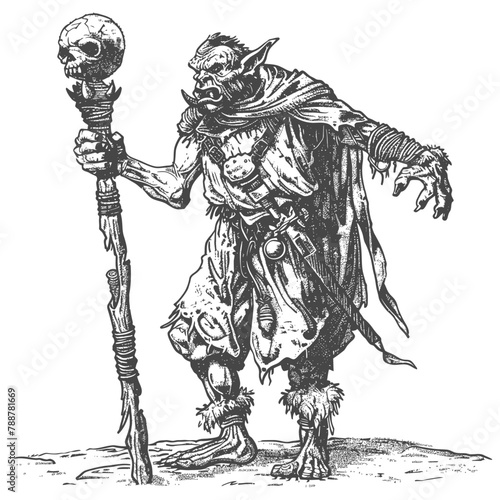 orc mage with magical staff full body images using Old engraving style