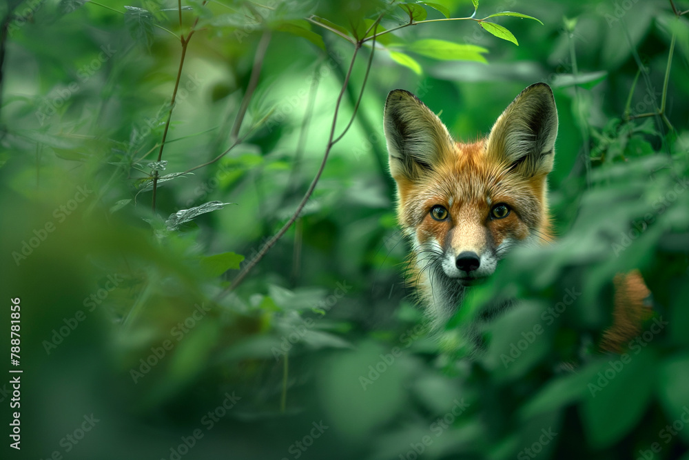 Fototapeta premium Red Fox Gazing from Forest Underbrush
