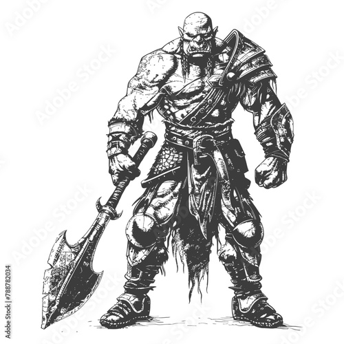 orc warrior full body images using Old engraving style