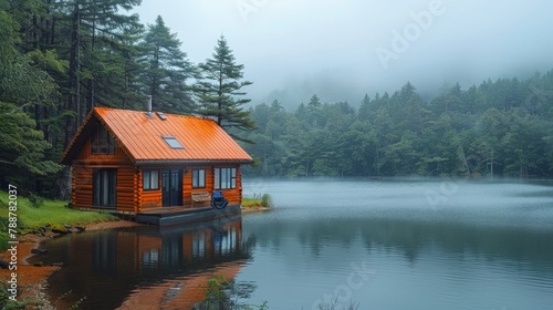  A cabin, modest in size, rests at the lake's edge Beyond it lies a forested region, enshrouded in a misty, foggy sky