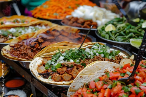 An eclectic assortment of tacos and salads arranged on a table, showcasing a variety of colors, textures, and flavors.