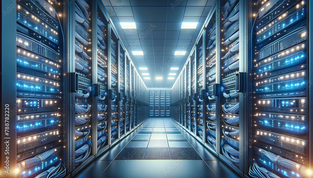 A large room with many computer servers A large room with many computer servers
