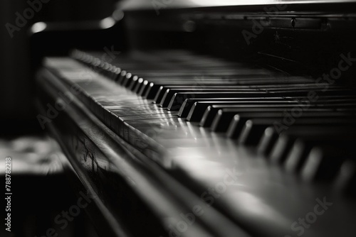 A black and white piano standing elegantly in a dimly lit room, its keys glistening with a hint of nostalgia and timelessness.