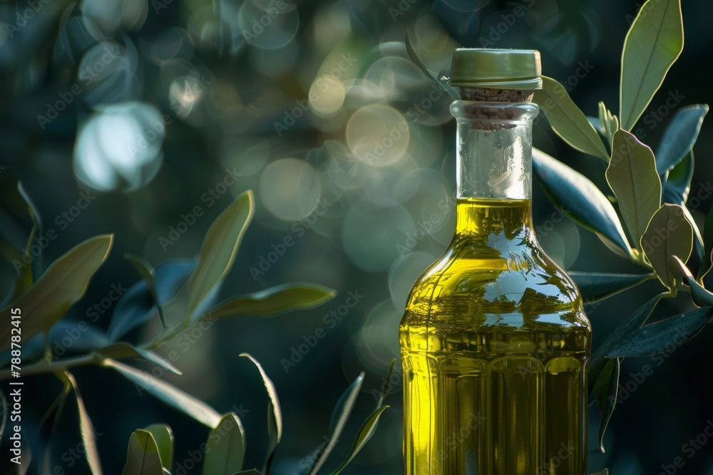 A bottle of olive oil rests on a tree, creating a surreal and magical scene. A bottle of olive oil rests on a tree, creating a surreal and magical scene.