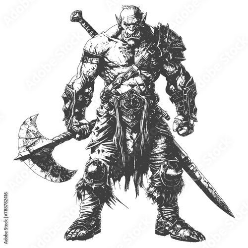 orc warrior full body images using Old engraving style