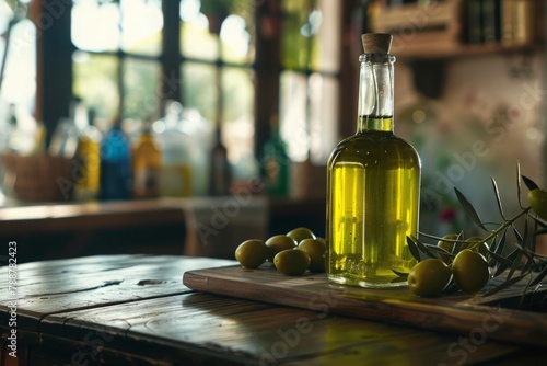A glass bottle of golden olive oil nestles serenely atop a textured wooden surface, radiating warmth and earthiness. photo