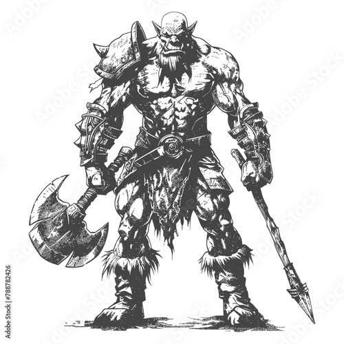 orc warrior full body images using Old engraving style