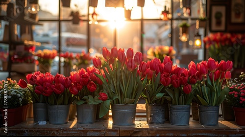   A table holds several red tulips facing a sunlit window Sun illuminates the scene from behind photo