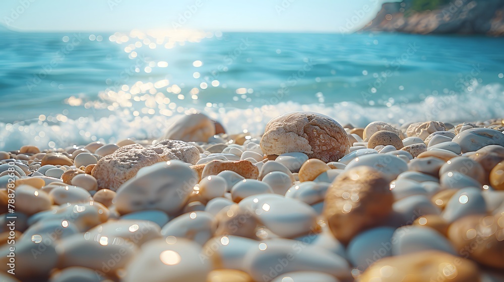 natural elegance of rocks on the beach against a backdrop of deep blue sea, their smooth surfaces and intricate patterns depicted in high resolution cinematic photography.