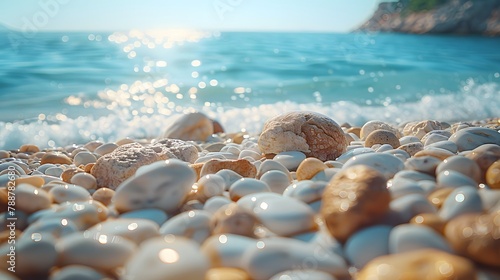 natural elegance of rocks on the beach against a backdrop of deep blue sea, their smooth surfaces and intricate patterns depicted in high resolution cinematic photography. photo