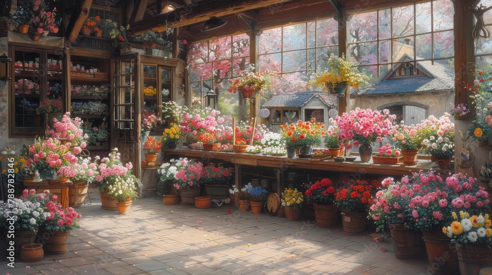  potted flowers line the sidewalk, window frames a scenic view outside