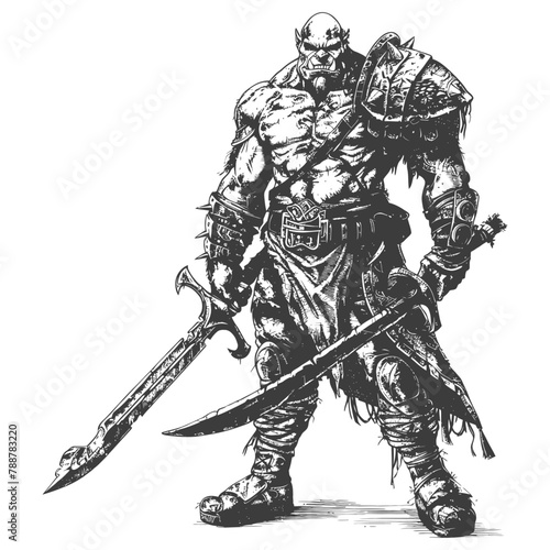 orc warrior full body images using Old engraving style