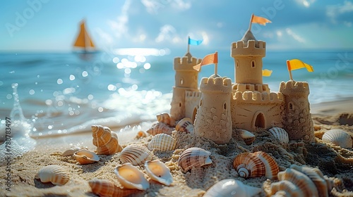 playful spirit of a sand castle on the beach, adorned with colorful flags and shells, set against a backdrop of deep blue ocean waters, portrayed in stunning 8k full ultra HD resolution. photo