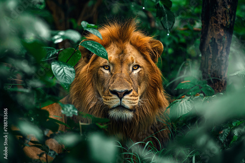 Majestic Lion Staring Through Verdant Foliage