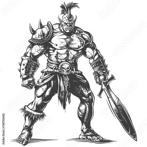 orc warrior full body images using Old engraving style