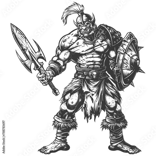 orc warrior full body images using Old engraving style