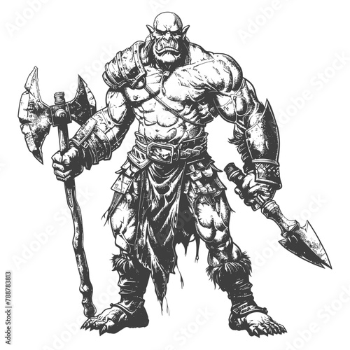 orc warrior full body images using Old engraving style