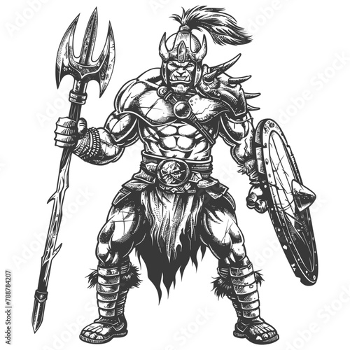 orc warrior full body images using Old engraving style