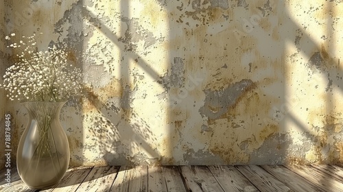  A vase, brimming with white blooms, rests atop weathered wood flooring Nearby, a wall shows signs of peeling paint