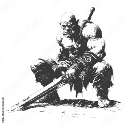 orc warrior with sword full body images using Old engraving style