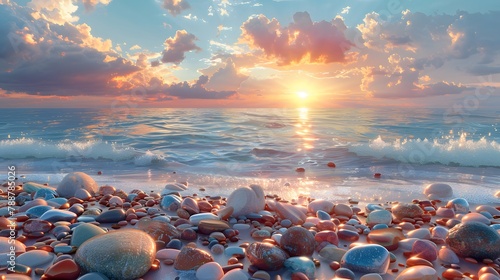 scene of serenity with colorful rocks adorning the shoreline of a tranquil beach, their vivid shades contrasting beautifully with the soft pastel hues of the sunset sky