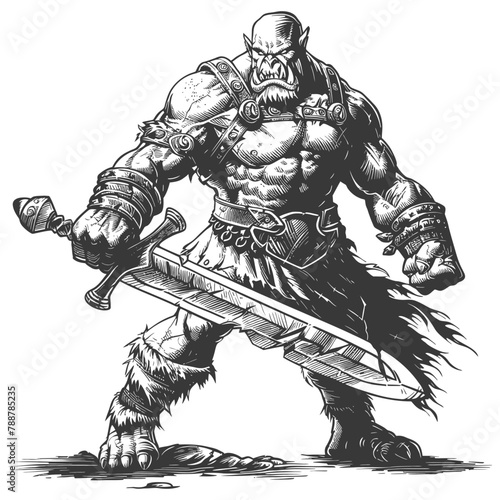orc warrior with sword full body images using Old engraving style