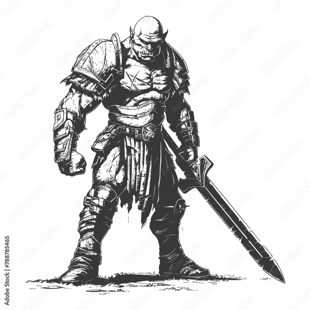 orc warrior with sword full body images using Old engraving style