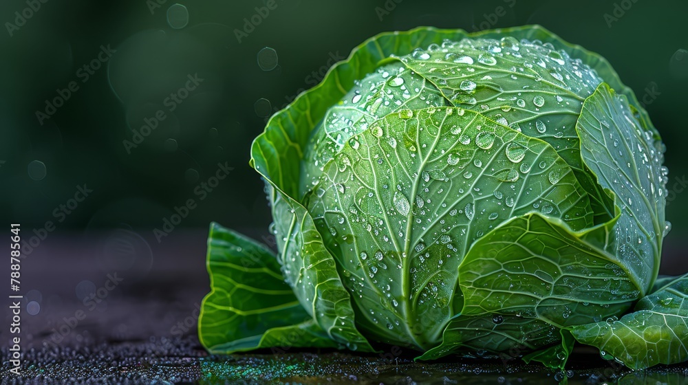 A tight shot of a cabbage head's textured surface, dotted with water droplets Background subtly blurred, revealing only an expanse of ground with scattered drops A tight shot of a cabbage head's textured surface, dotted with water droplets Background subtly blurred, revealing only an expanse of ground with scattered drops